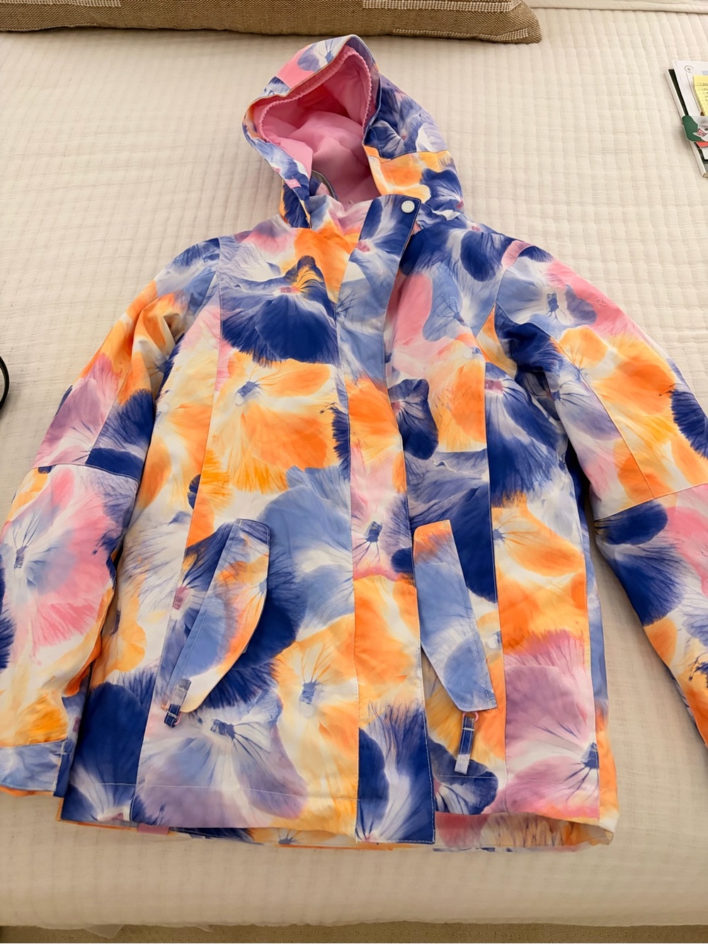 Roxy Kids Floral Hooded Puffer Jacket - Pink, Blue, Orange